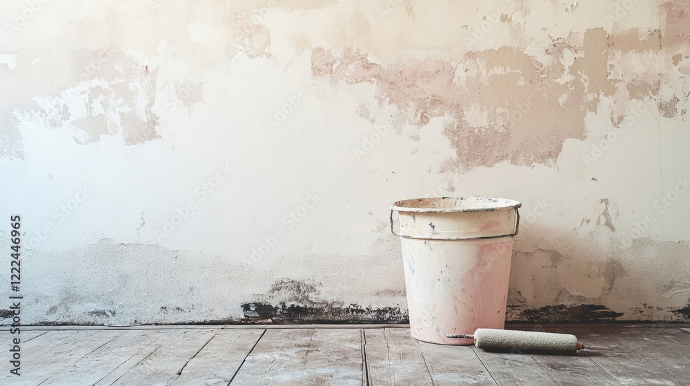 Aged Wall with Paint Bucket and Roller Aged Wall with Paint Bucket and Roller