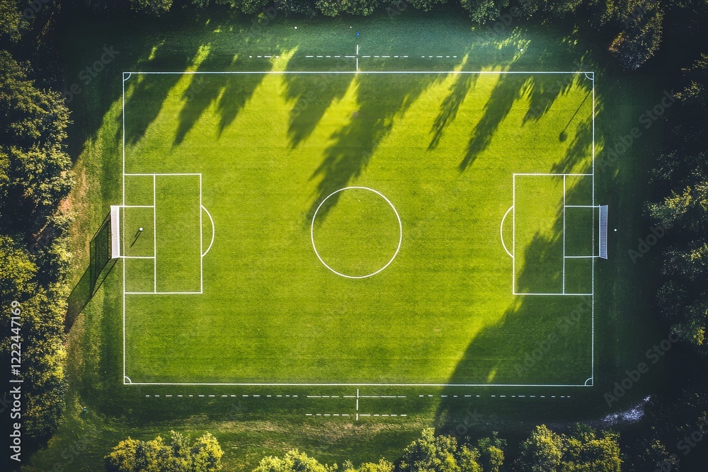 Aerial View of a Lush Green Soccer Field Surrounded by Trees Aerial View of a Lush Green Soccer Field Surrounded by Trees