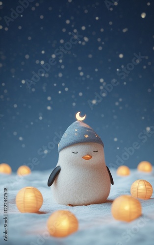 Whimsical Ramadan Cozy Penguin with Starry Crescent Cap amidst Luminescent Lanterns - Winter Decor for Holiday and Retail Event Marketing photo