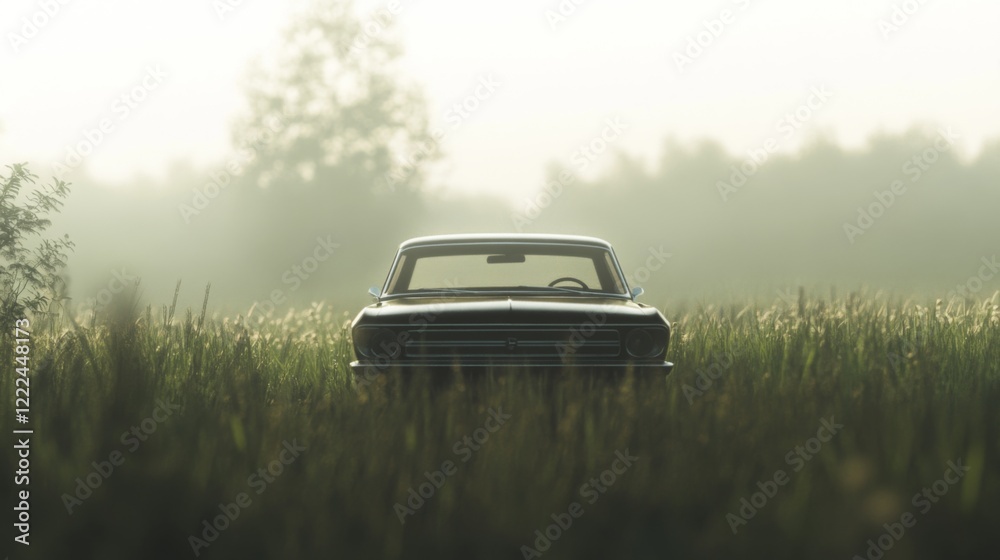 Classic car in a misty field at sunrise. Classic car in a misty field at sunrise.