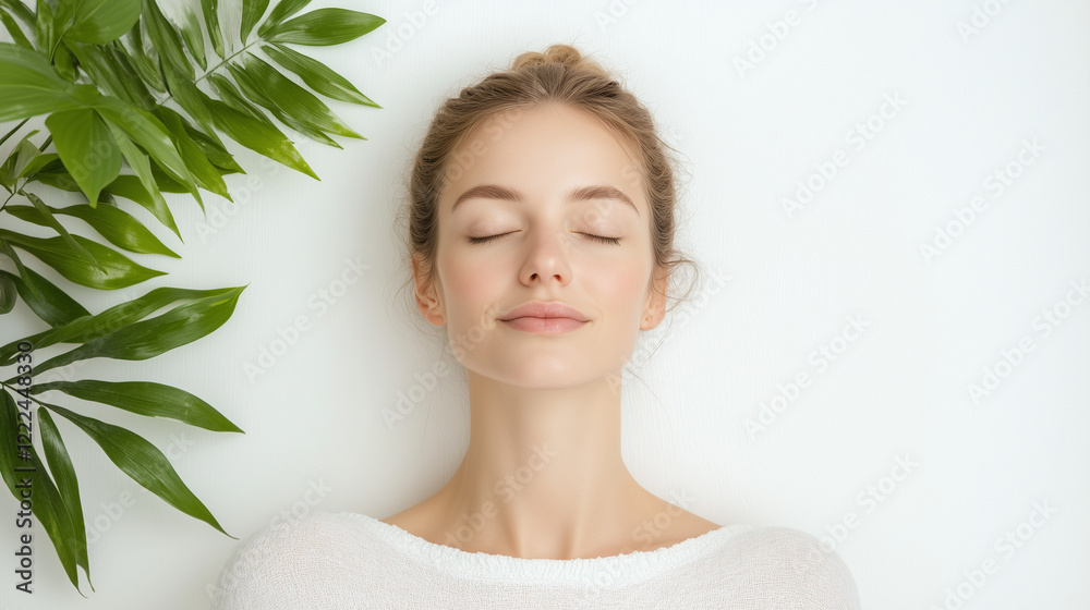 Peaceful Serenity: A young woman with closed eyes rests peacefully, surrounded by lush green leaves, radiating tranquility and inner peace. Peaceful Serenity: A young woman with closed eyes rests peacefully, surrounded by lush green leaves, radiating tranquility and inner peace.