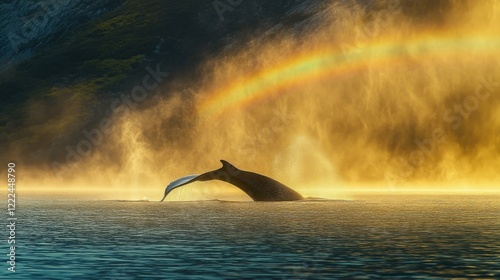 A massive whale soaring out of the sea, its tail curving elegantly, with a rainbow forming in the mist around it. photo