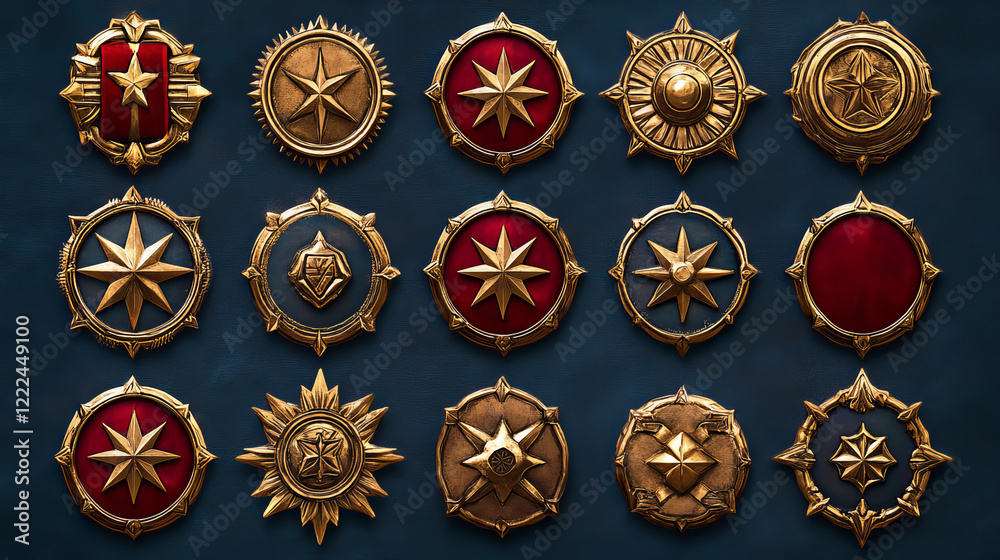 Fototapeta premium Cartoon set of gold game badges of different rank isolated on dark blue background. Vector illustration of round medals with star, red ribbon and golden metal textures. Collection of level awards