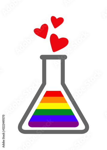 Logo lgbt. Mes del orgullo. Poción de amor. Botella de cristal con líquido con los colores de la bandera arcoiris y corazones