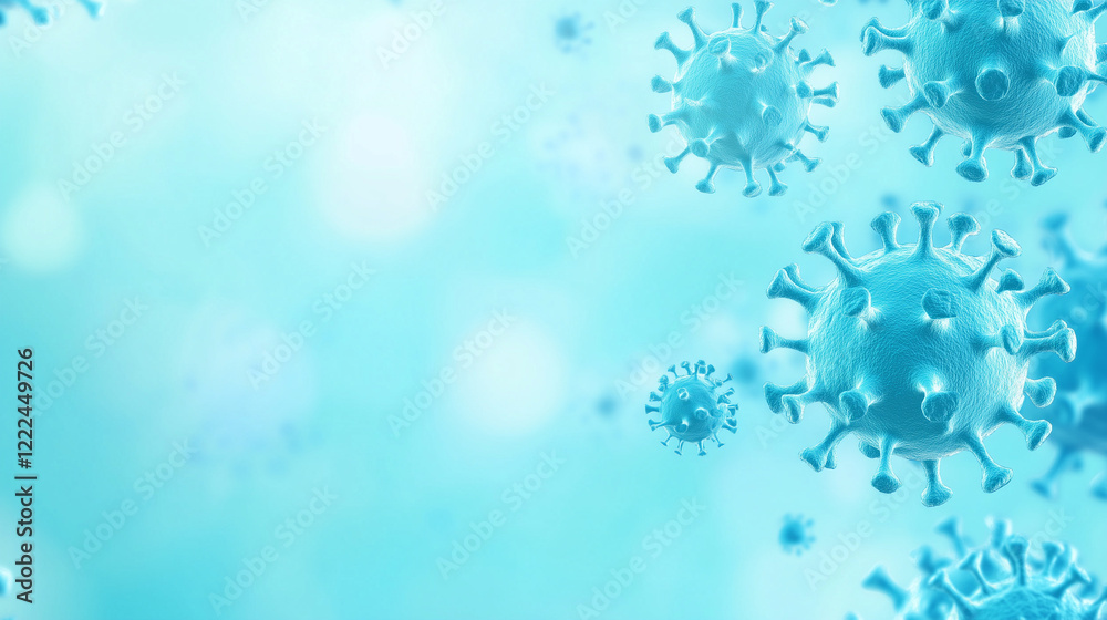 Naklejka premium Microscopic View of Virus: A close-up, digitally rendered illustration showcases numerous virus particles, highlighting their intricate structure against a soft, diffused blue background.