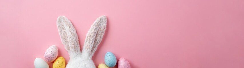 happy easter holiday celebration banner panorama long - easter eggs with easter bunny ears, isolated on pastel pink background