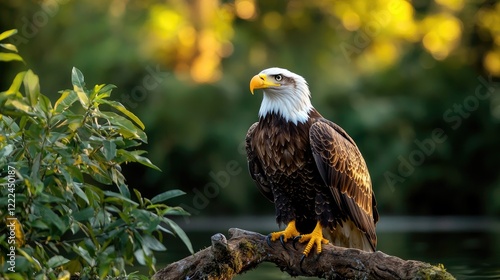 Majestic bald eagle perched on branch, forest background, wildlife photography, nature