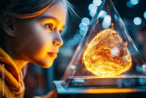 A woman in a museum, captivated by a glowing artifact in a dimly lit glass case, her expression one of wonder and curiosity