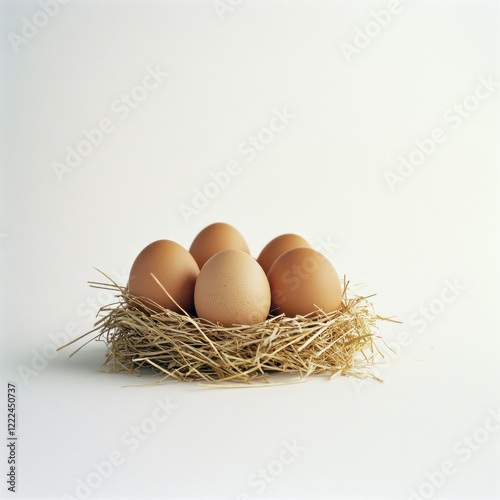 Brown Eggs in Straw Nest on White Background photo