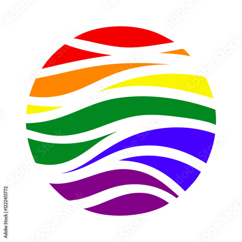 Logo lgbt. Mes del orgullo. Silueta aislada de círculo con líneas curvas como olas con los colores de la bandera arcoiris 
