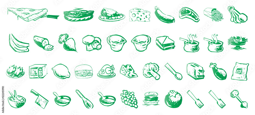 Food and stuff icon collection. Fruit and bread icon bundle Food and stuff icon collection. Fruit and bread icon bundle