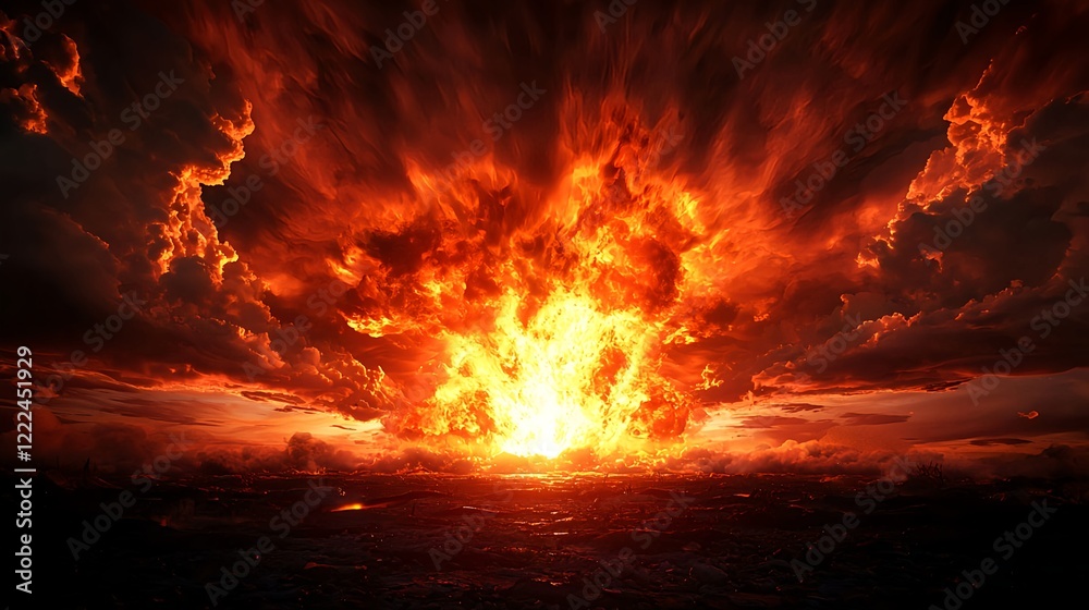 Fiery Explosion Drenched in Red and Orange Hues Under Dark Sky Fiery Explosion Drenched in Red and Orange Hues Under Dark Sky
