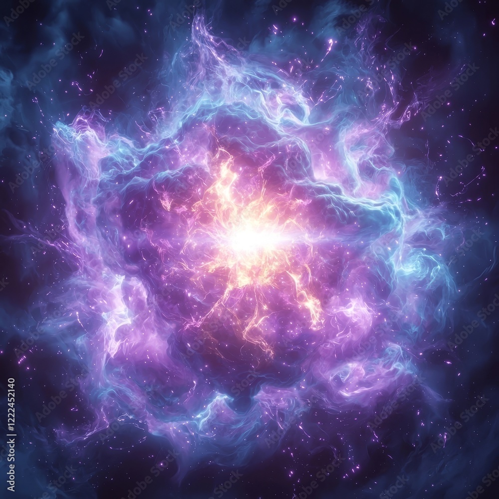 Fototapeta premium Mesmerizing Cosmic Explosion of Vivid Purple and Green Energy Spiraling in Zero Gravity Space