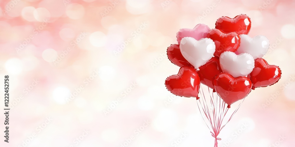 Colorful Heart-Shaped Balloons on a Soft Pink Background for Valentine's Day Celebration, Love and Happiness Theme Colorful Heart-Shaped Balloons on a Soft Pink Background for Valentine's Day Celebration, Love and Happiness Theme