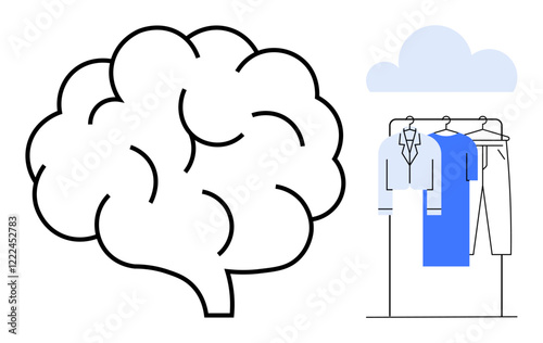 Brain outline next to clothing rack with shirts, jacket, and pants beneath a cloud. Ideal for mental health, creativity, fashion, decision making, minimalism, modern lifestyle and psychology themes
