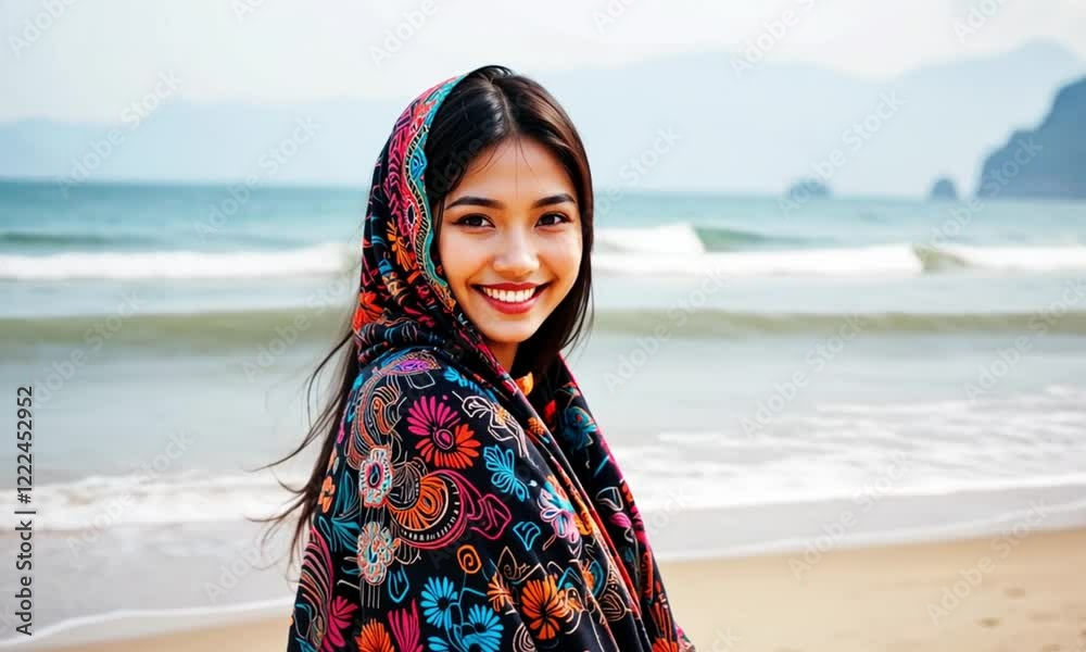 a beautiful asian woman wearing head covering smiles on the beach a beautiful asian woman wearing head covering smiles on the beach