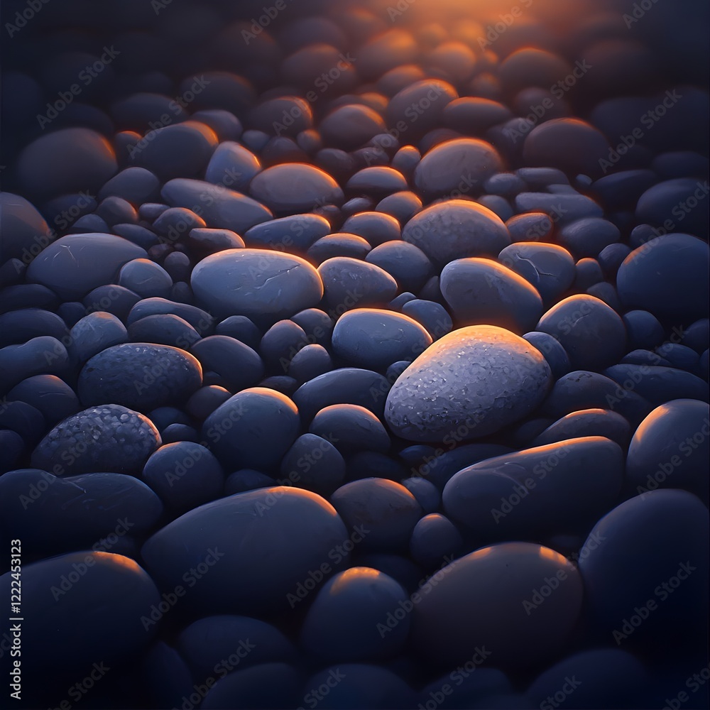 Obraz premium Smooth Round Stones with Water Drops in Warm Evening Light