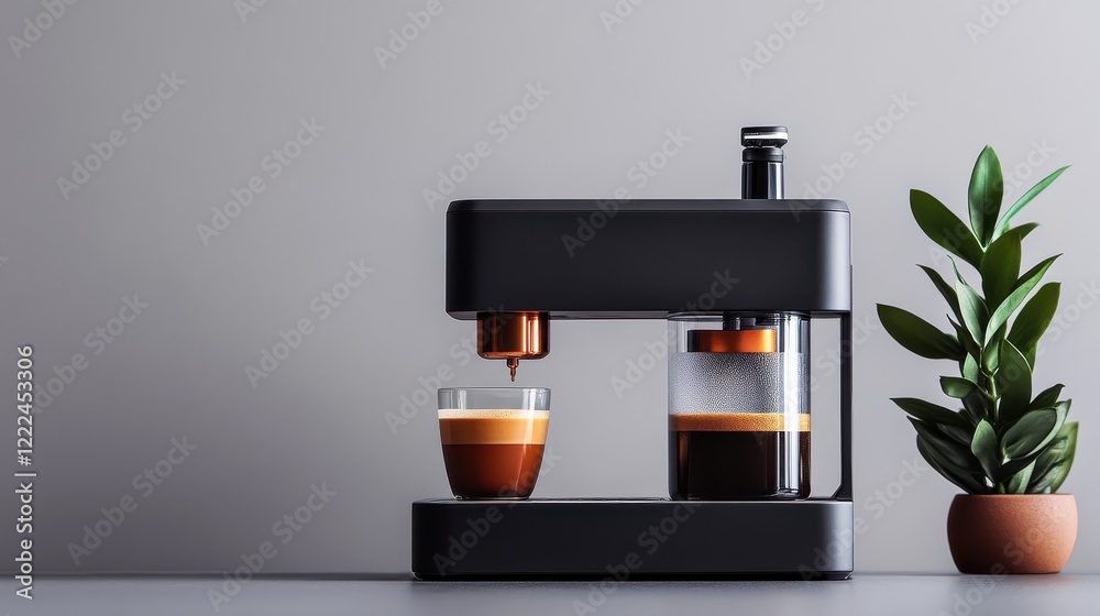 A high-end espresso machine with a cup of coffee brewing underneath A high-end espresso machine with a cup of coffee brewing underneath