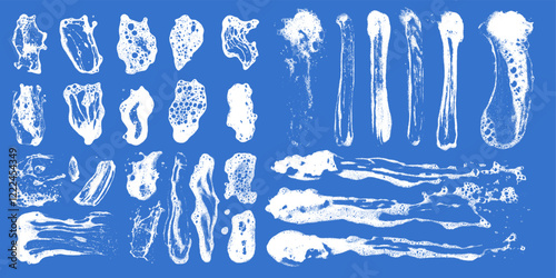Soap texture foam with smear and splash in grunge set. Blue background wash with sponge and water overlay.