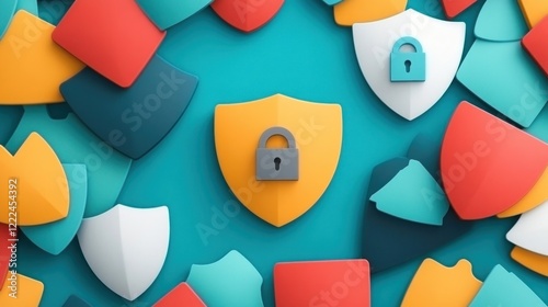 Digital security concepts protecting data with shields and locks abstract design graphic illustration modern environment
