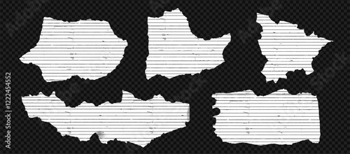 Vintage torn paper set with rip edges and crumpled effect. White sheet, scrap, and sticker with rough texture at the transparent background.
