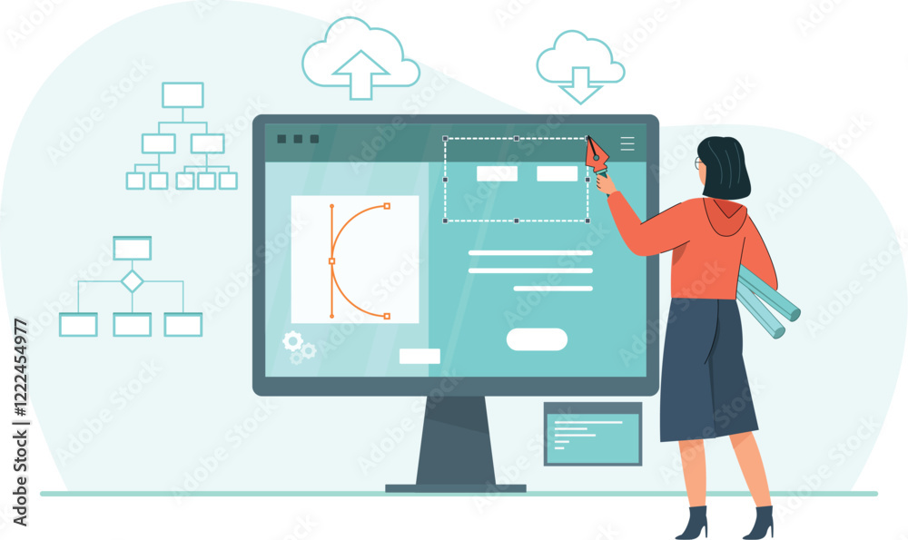Creative Designer Illustration Editing a Digital Design A designer working on a tablet with design software open and creative tools around. Creative Designer Illustration Editing a Digital Design A designer working on a tablet with design software open and creative tools around.