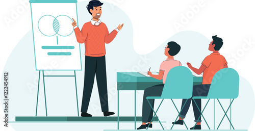 Classroom Lecture Illustration with Teacher and Students A teacher giving a lecture with students seated in rows and taking notes.