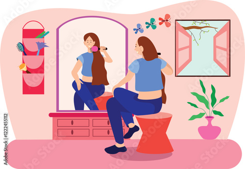 Dressing Room Illustration with Woman Brushing Hair A woman brushing her hair in front of a vanity mirror, with makeup and accessories around.