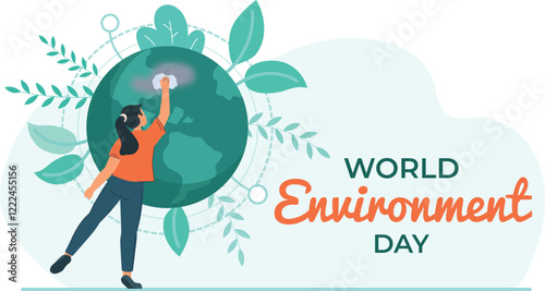 Eco-Friendly Practices Illustrated for World Environment Day Individuals recycling, planting trees, and using reusable products.