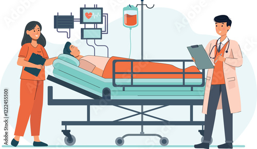 Hospital Illustration with Doctor and Nurse Attending a Patient in ICU A doctor checking vital signs while a nurse adjusts equipment in an ICU room.