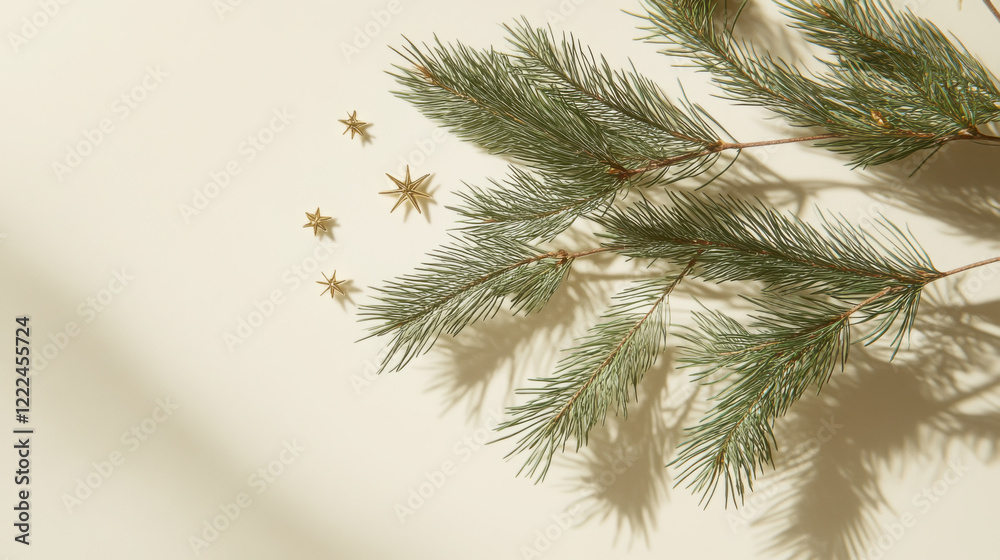 Obraz premium Festive holiday card design featuring green pine branch and gold stars