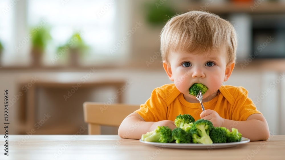 Child enjoys healthy broccoli meal family kitchen food bright environment close-up view nutrition awareness Child enjoys healthy broccoli meal family kitchen food bright environment close-up view nutrition awareness