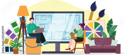 Interior Design Planning with Color Palette and Floor Layout Consultation Illustration A collaborative session with designers analyzing layouts and color combinations.