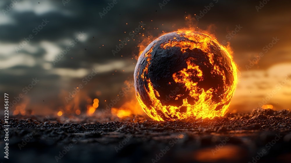 Fiery Planet Surrounded by Lava and Smoke Against Dark Sky Fiery Planet Surrounded by Lava and Smoke Against Dark Sky