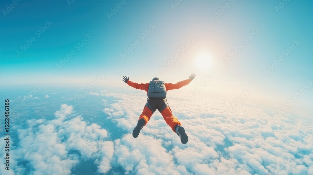 Adventurous skydiver leaping over clouds open sky action bright aerial view thrilling concept Adventurous skydiver leaping over clouds open sky action bright aerial view thrilling concept
