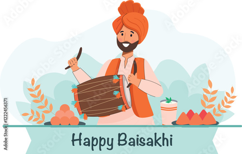 Punjabi Baisakhi Celebration Illustration with Traditional Music People dancing the bhangra with traditional dhol players in a vibrant, colorful field.