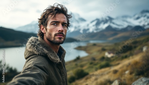 Portrait of a young man with mountain lake background in natural light