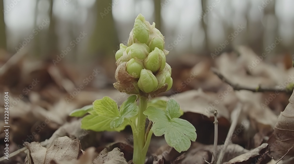 Closeup of Green Spring Plant Bud Emerging from Forest Floor Closeup of Green Spring Plant Bud Emerging from Forest Floor