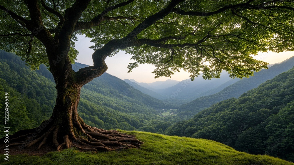 Fototapeta premium Majestic Tree Overlooking Lush Green Valley at Sunrise