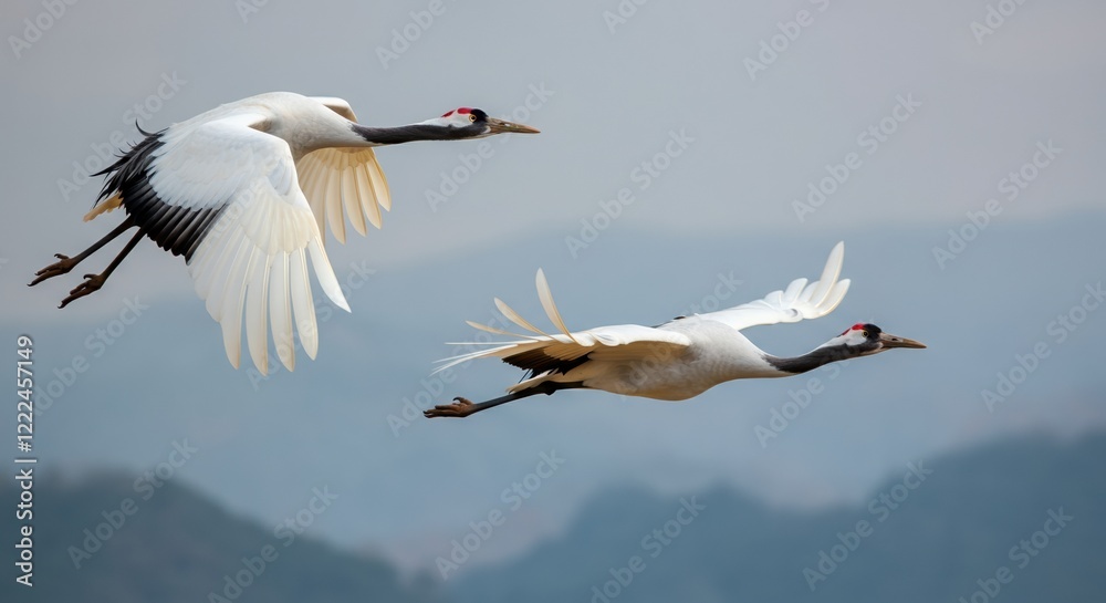 Two elegant cranes flying gracefully against a serene backdrop