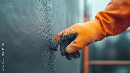 Construction worker applying cement on wall construction site industrial environment close-up view building process