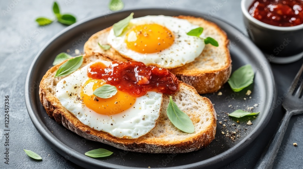 A sunny breakfast scene with toast, jam, eggs, and a cup of coffee A sunny breakfast scene with toast, jam, eggs, and a cup of coffee