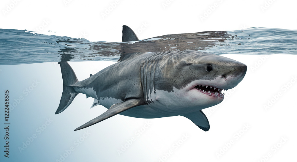 Fototapeta premium A photorealistic great white shark swimming powerfully forward, its sharp teeth slightly visible, isolated on a white background