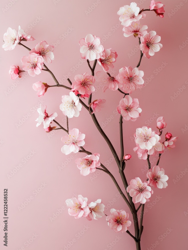 Fototapeta premium Cherry blossom branch arrangement floral design elegant pink background nature close-up view spring aesthetic inspiration