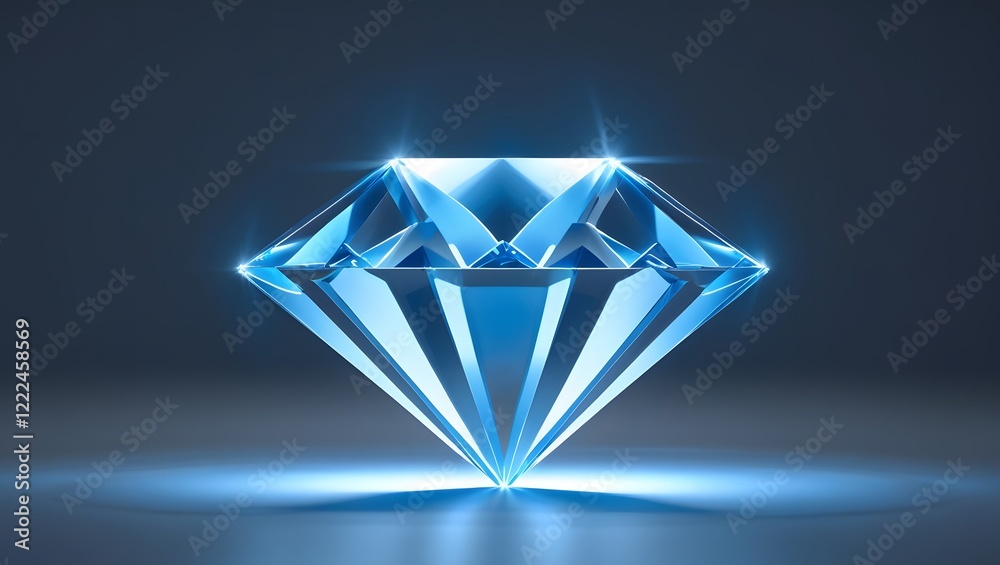 A bright blue faceted diamond is depicted in a stylized graphic against a dark background. A bright blue faceted diamond is depicted in a stylized graphic against a dark background.