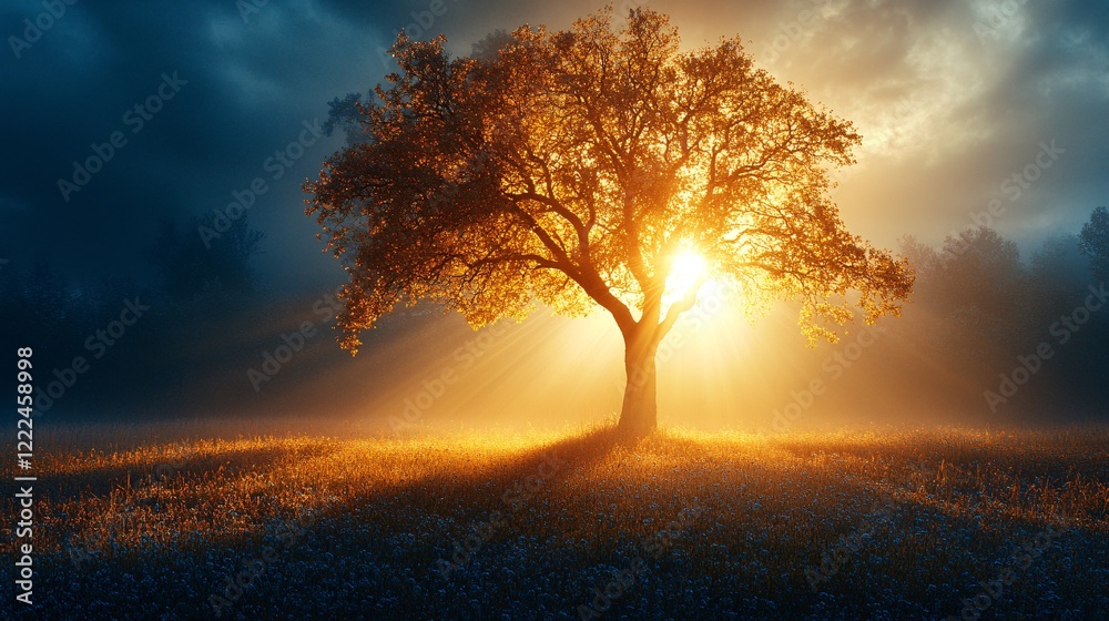 Majestic Tree Illuminated by Warm Light in Misty Landscape Majestic Tree Illuminated by Warm Light in Misty Landscape