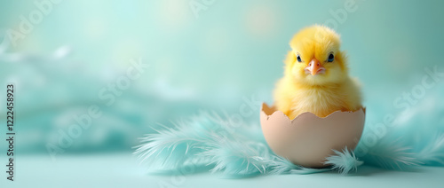 Creative Easter concept: little yellow plump chick in a broken egg on a blurred pastel blue feather background. Product presentation template with space for text.