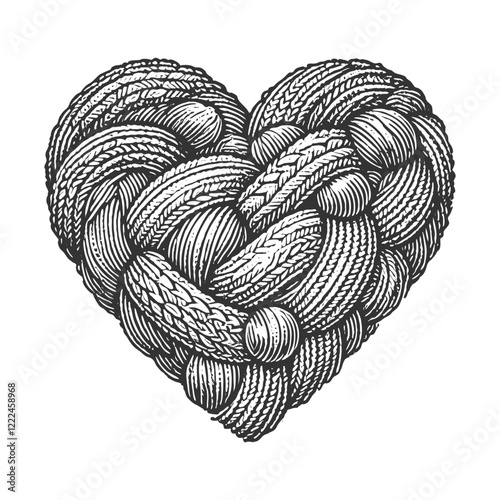 yarn balls intricately shaped into a heart, adorned with knitting needles and small heart accents sketch engraving generative ai vector illustration. Scratch board imitation. Black and white image.