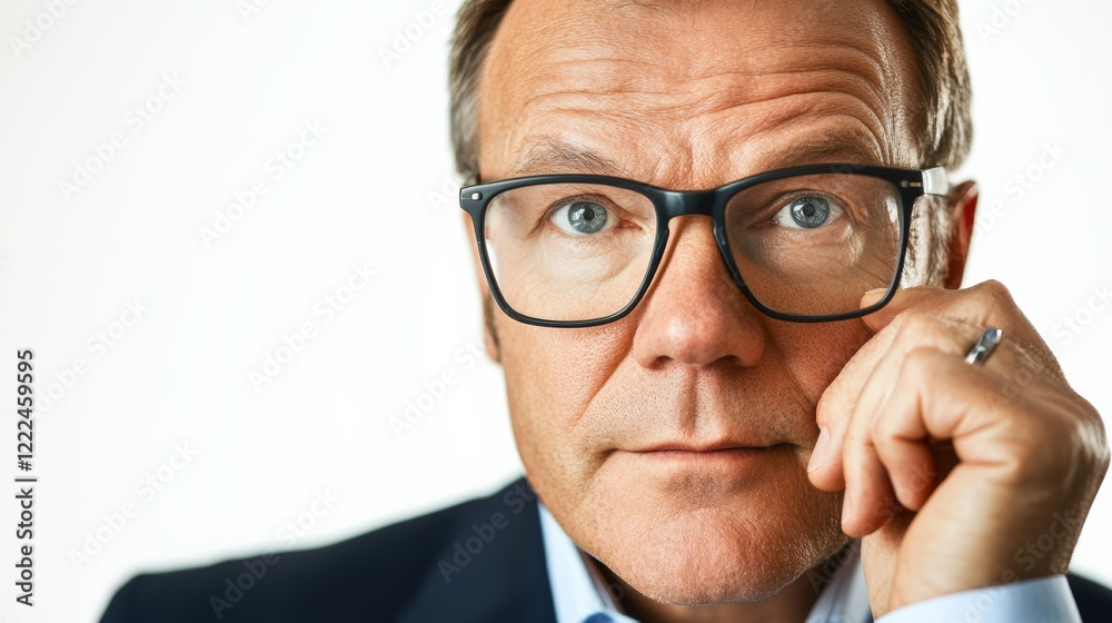 A businessman adjusting glasses, preparing for a meeting, isolated on white, A businessman adjusting glasses, preparing for a meeting, isolated on white,