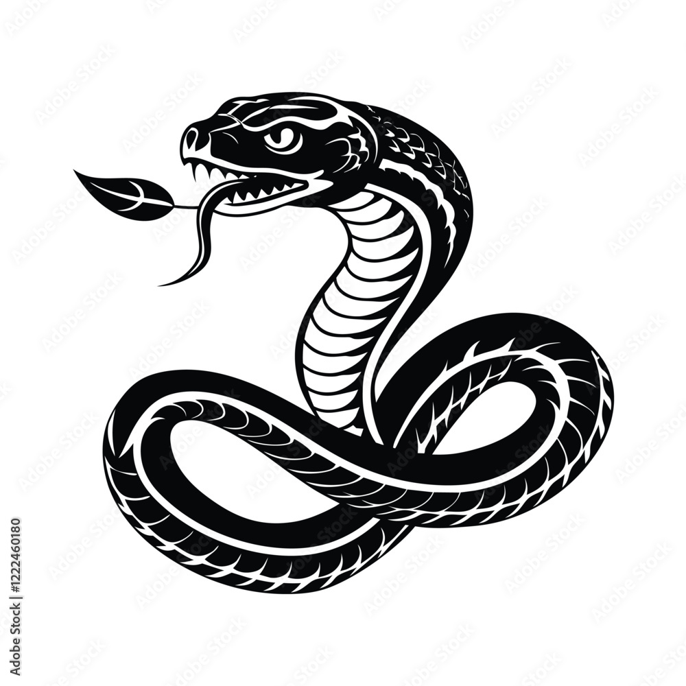 Fototapeta premium Fierce black and white cobra illustration with coiled body and open hood